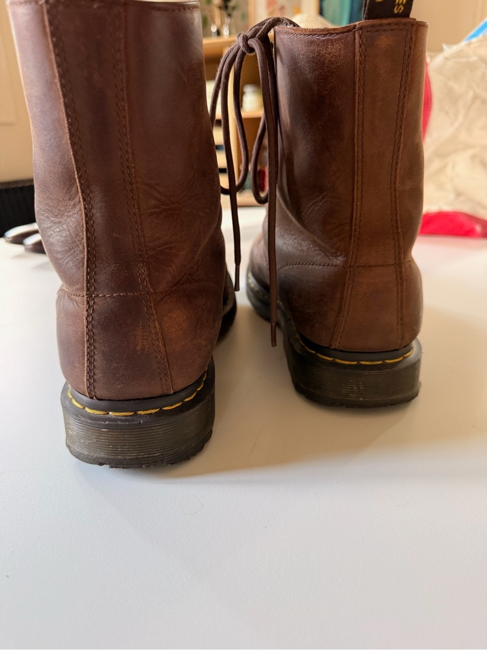 Dr. Martens Brown Leather Lace-Up Combat Boots with Yellow Stitching - Picture 3 of 4